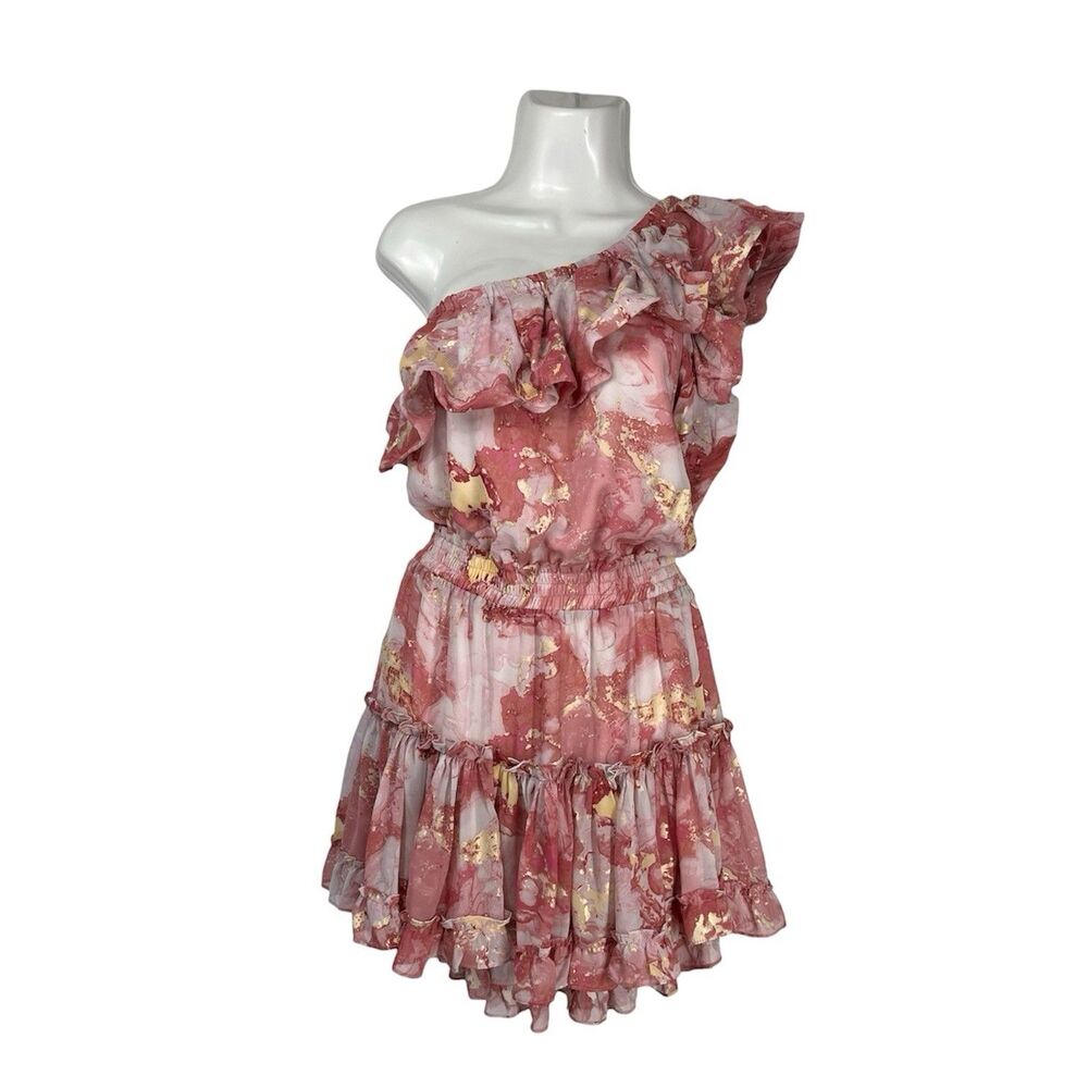 Buddy Love Sofia Dress Medium Pink Gold One Shoulder Ruffle Tiered Elastic Waist